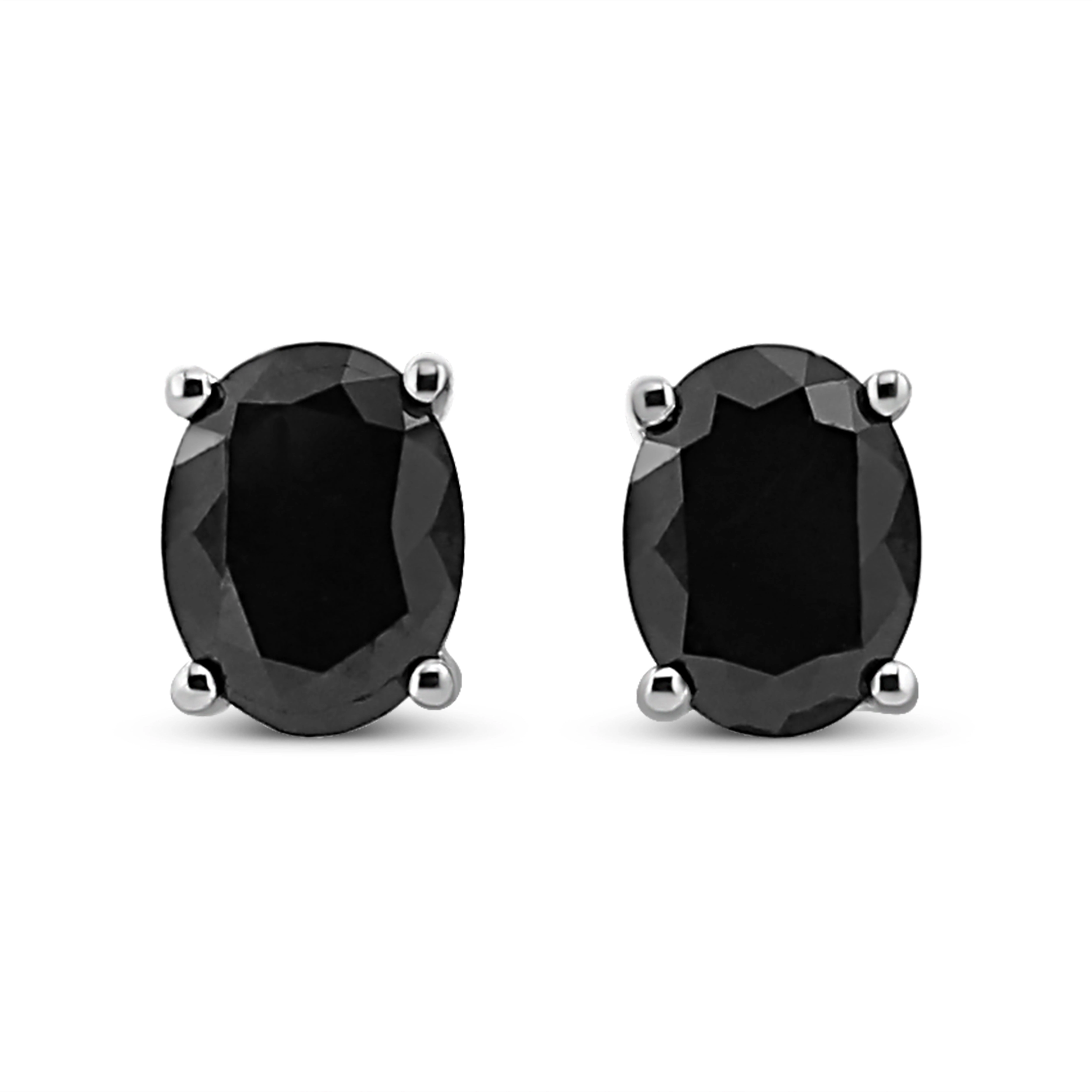 .925 Sterling Silver Prong Set Treated Black Oval Diamond Stud Earring