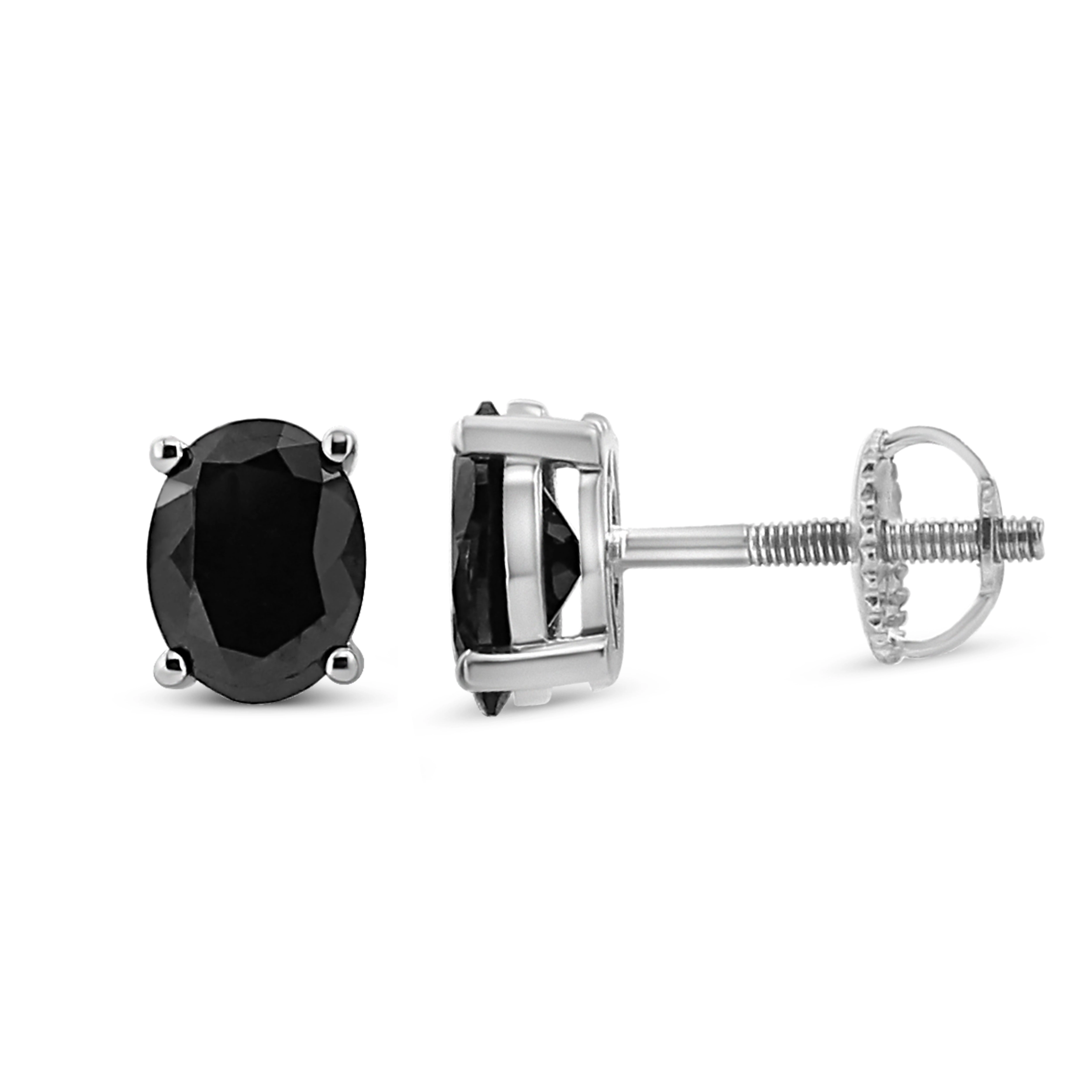 .925 Sterling Silver Prong Set Treated Black Oval Diamond Stud Earring