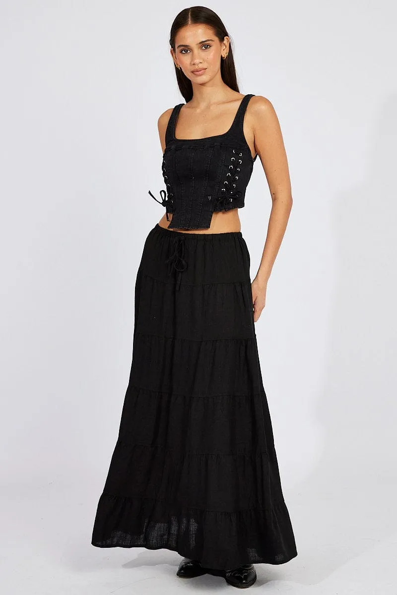 Black Corset Sleeveless Scoop Neck Lace Up Stretch