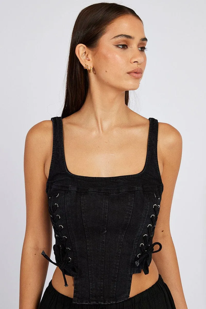 Black Corset Sleeveless Scoop Neck Lace Up Stretch