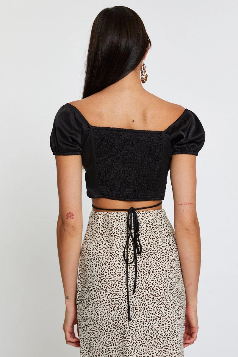 Black Crop Top Short Sleeve Tie Up