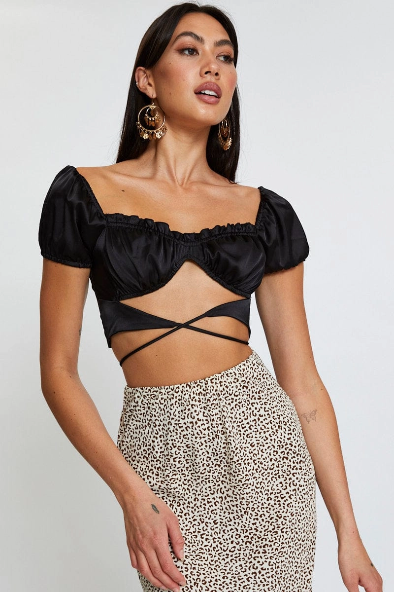 Black Crop Top Short Sleeve Tie Up