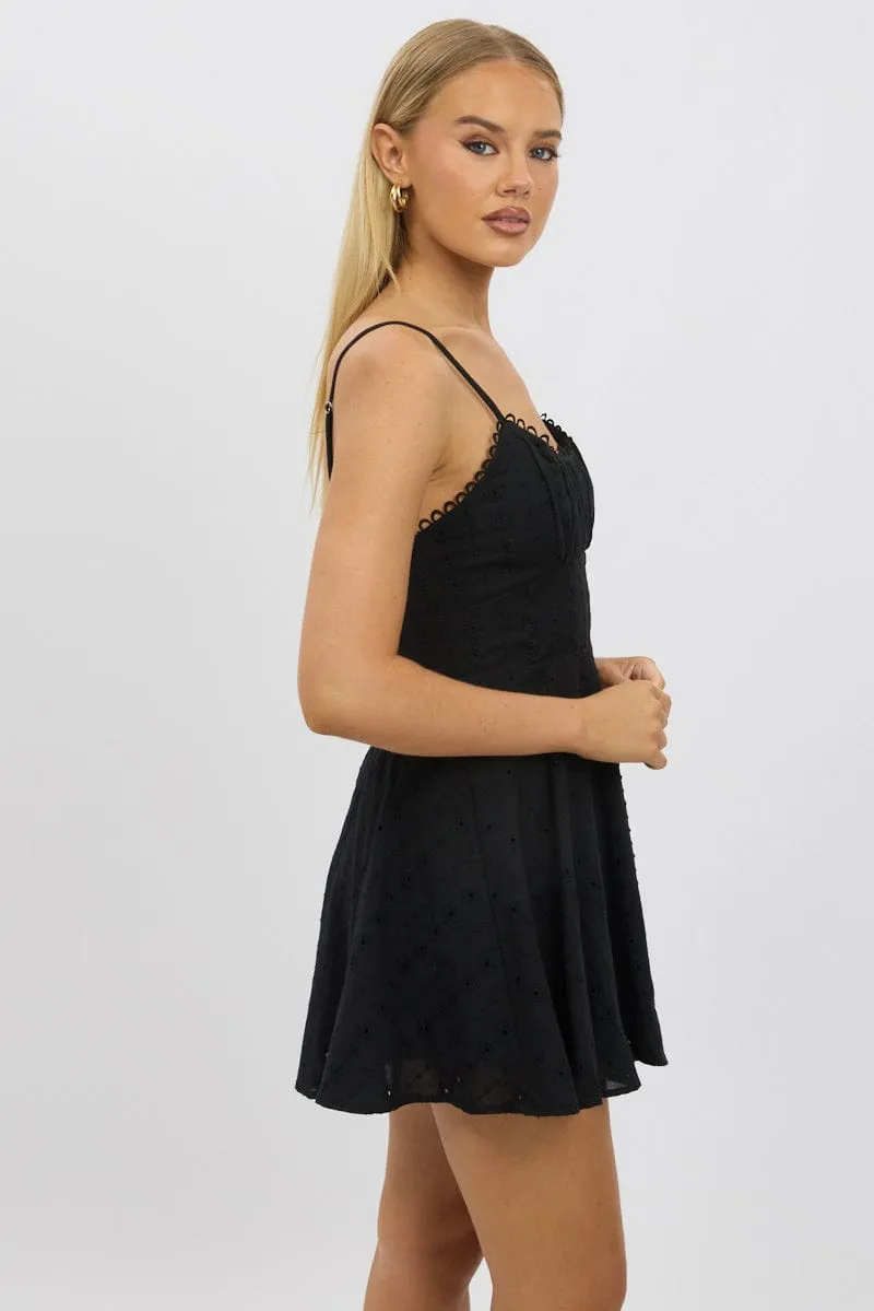 Black Fit And Flare Dress Mini Eyelet Fabric