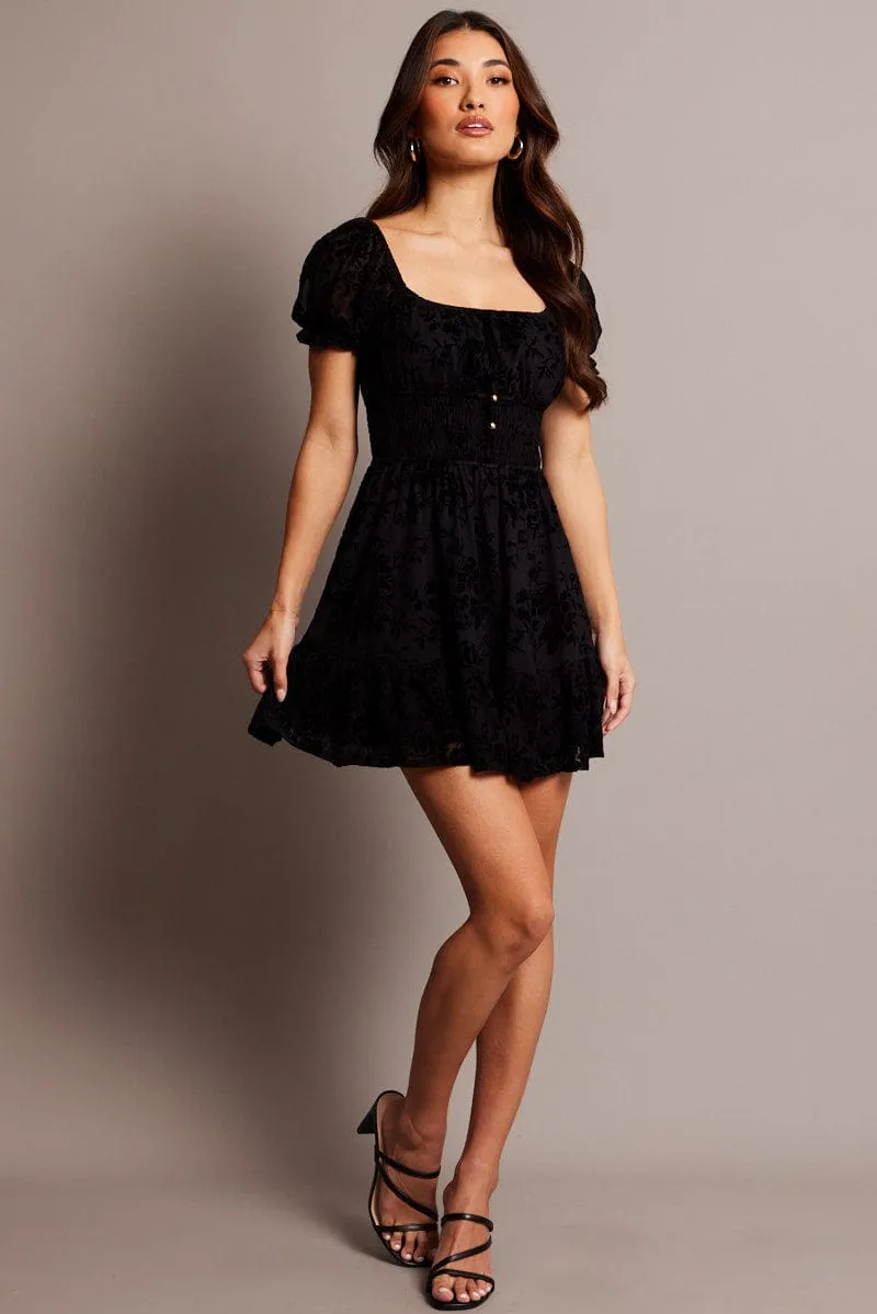 Black Fit And Flare Dress Puff Sleeve Mini Burn Out