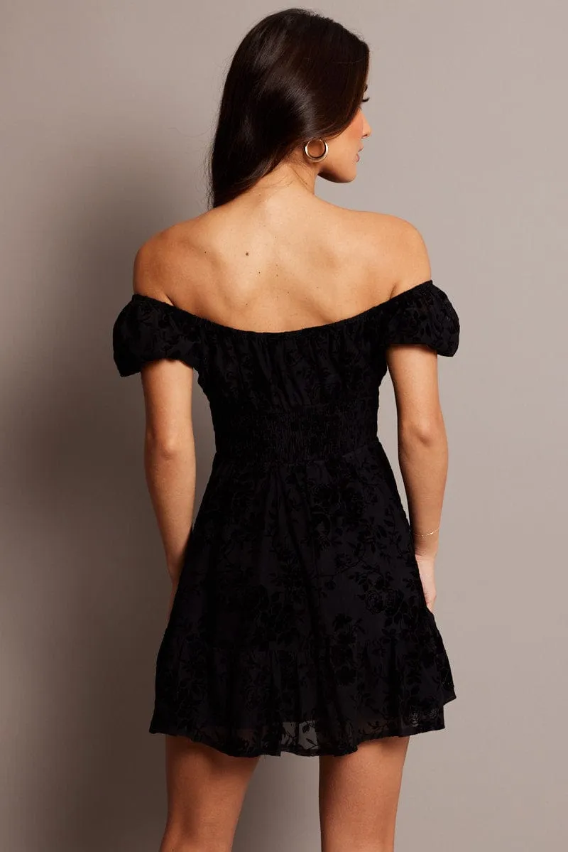 Black Fit And Flare Dress Puff Sleeve Mini Burn Out