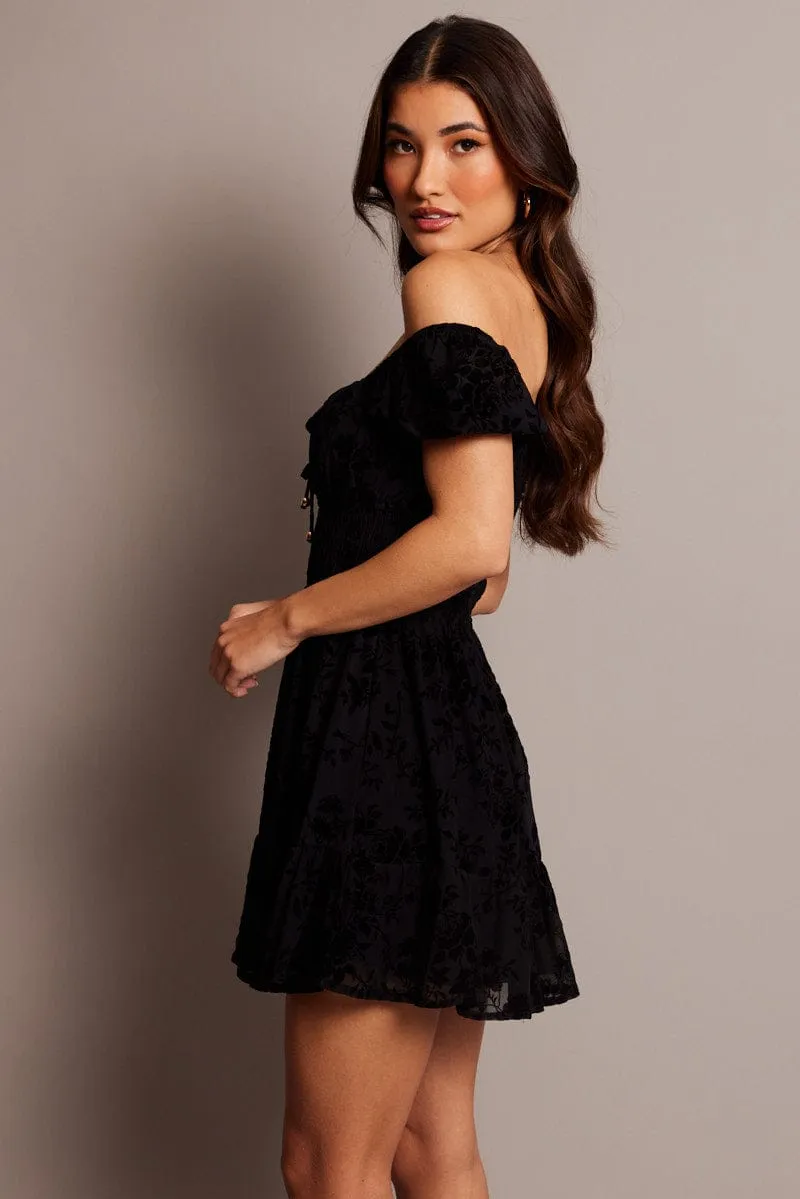 Black Fit And Flare Dress Puff Sleeve Mini Burn Out