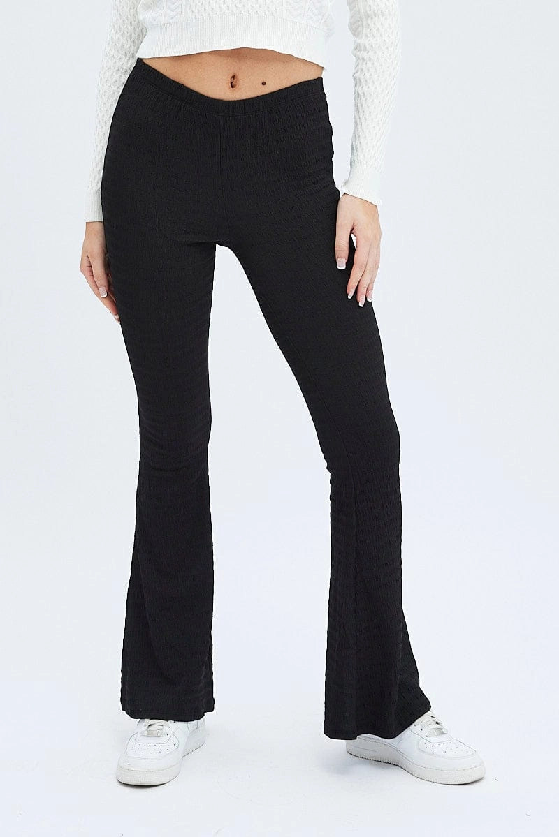 Black Flare Leg Pants Textured Jersey