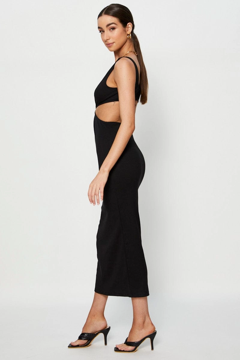 Black Midi Dress Ribbed Cut Out