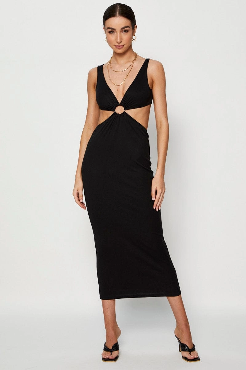 Black Midi Dress Ribbed Cut Out