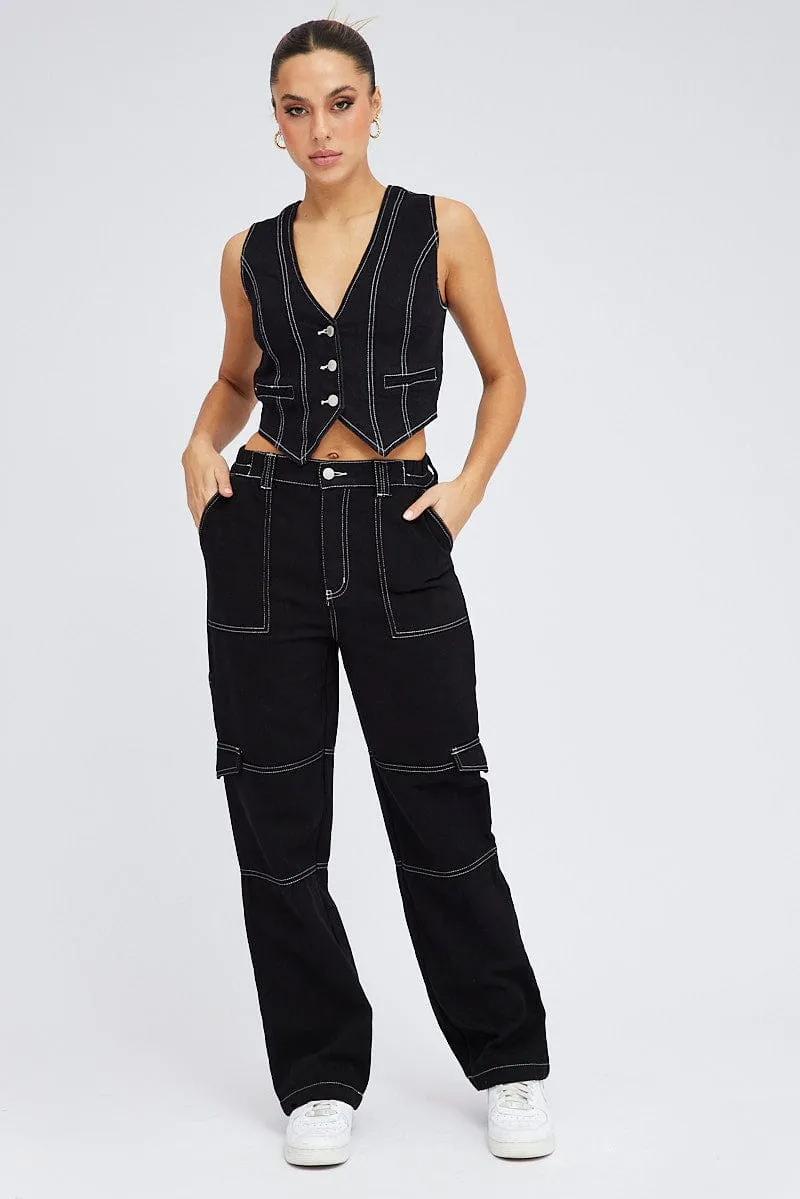 Black Vest Top Sleeveless V Neck Semi-crop Button Up