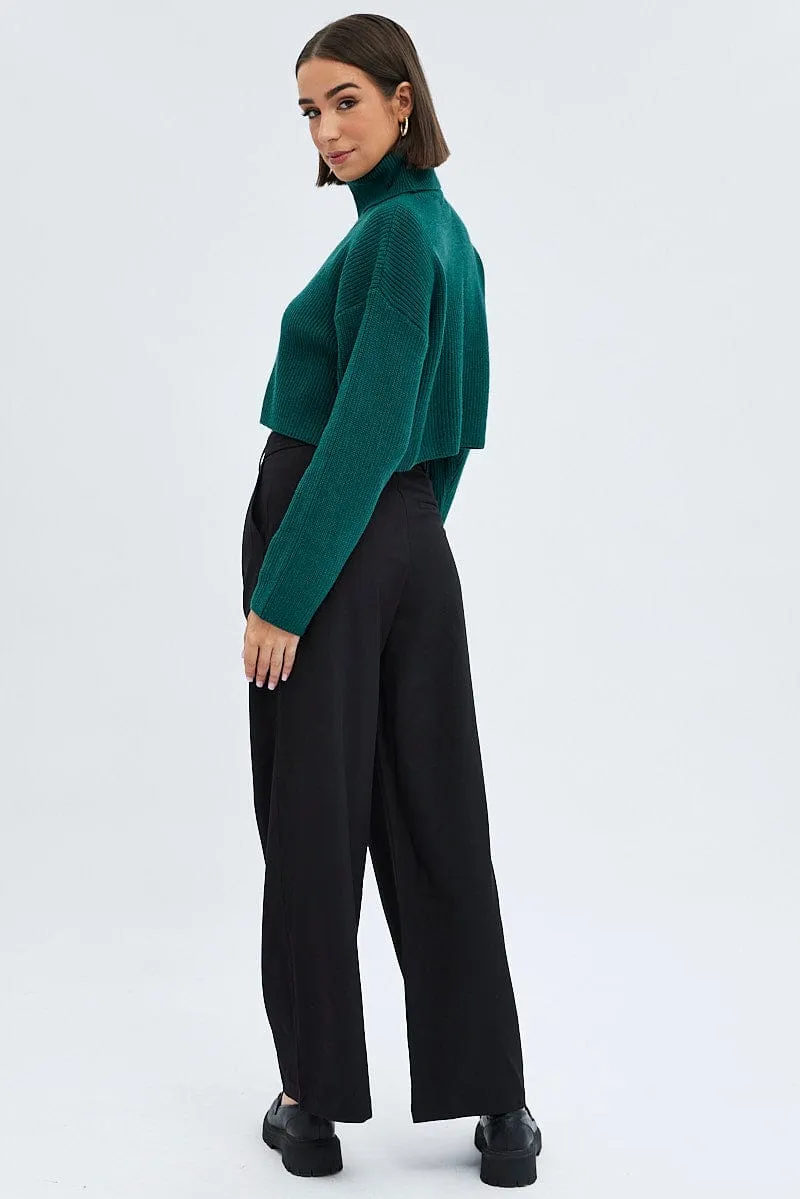 Black Wide Leg Pants Turn Down Waist Low Rise
