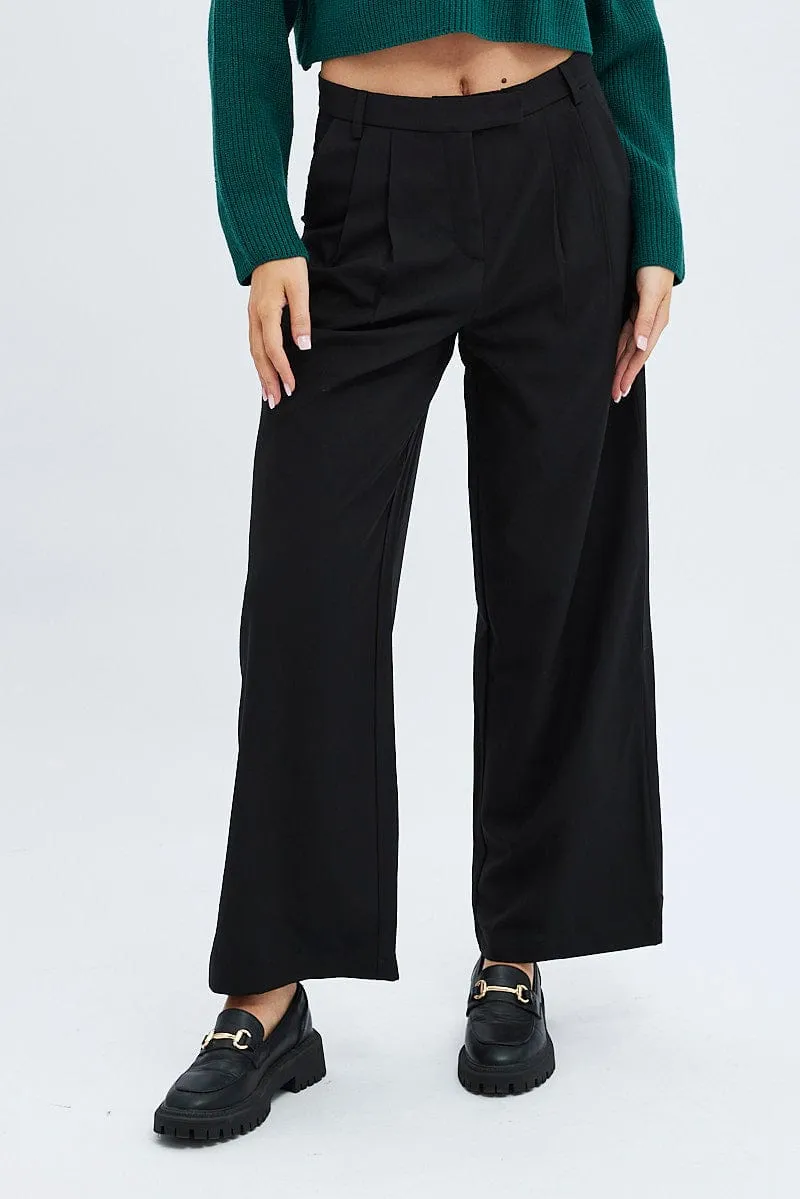Black Wide Leg Pants Turn Down Waist Low Rise