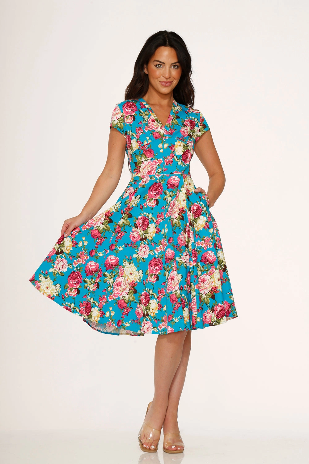 Blue & Pink Floral Swing Dress
