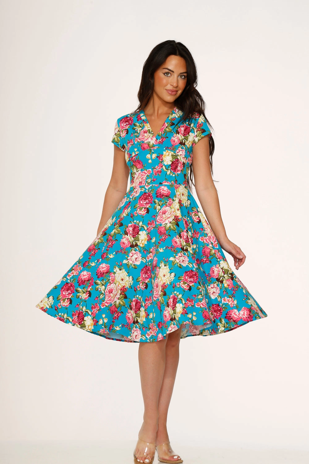 Blue & Pink Floral Swing Dress