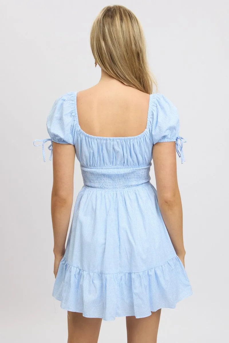 Blue Check Fit And Flare Dress Puff Sleeve Mini