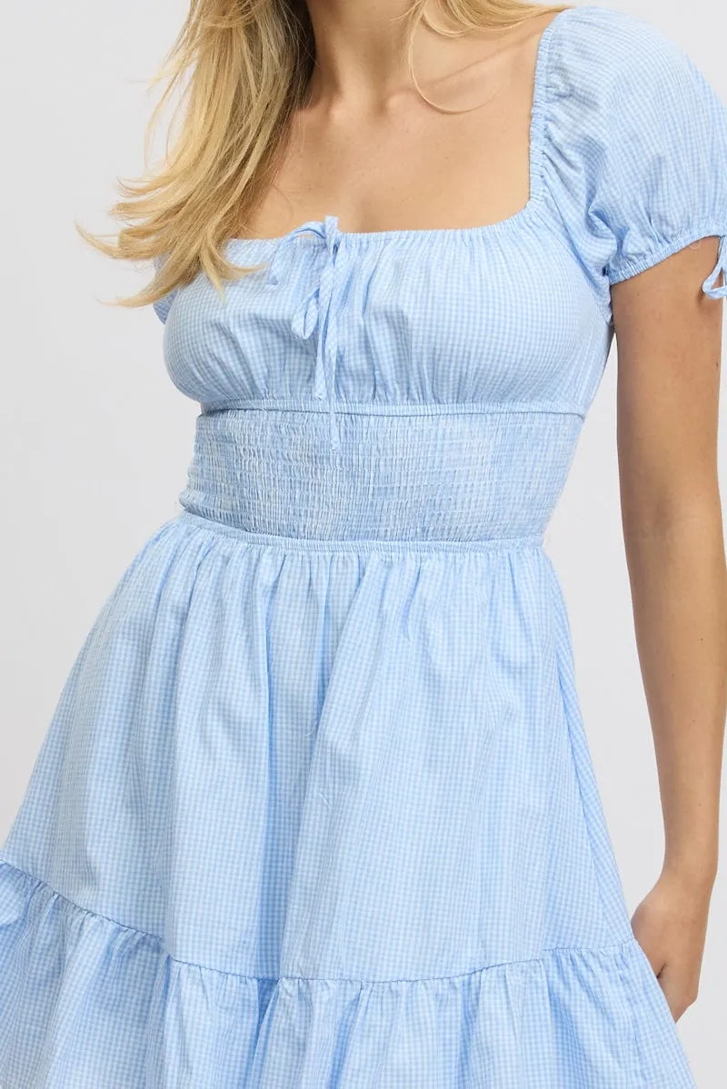 Blue Check Fit And Flare Dress Puff Sleeve Mini