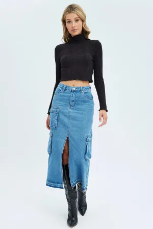 Blue Denim Maxi Skirt Cargo