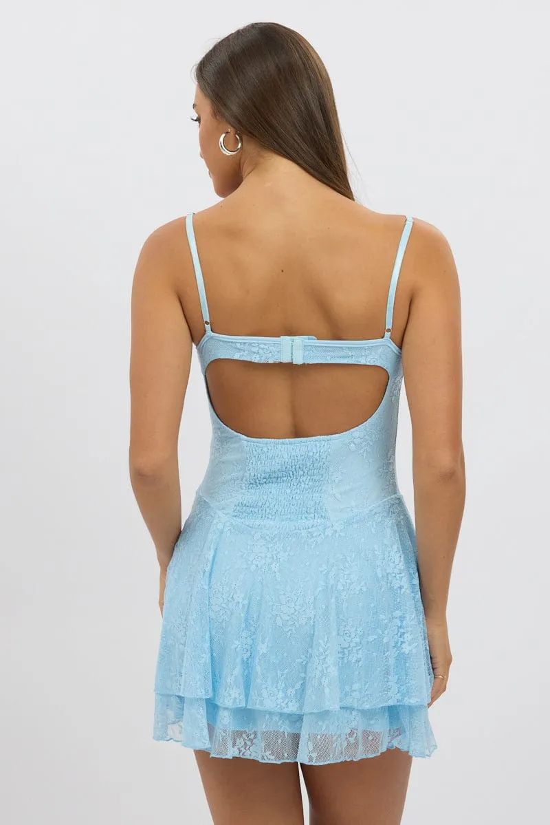 Blue Fit And Flare Dress Strappy Lace