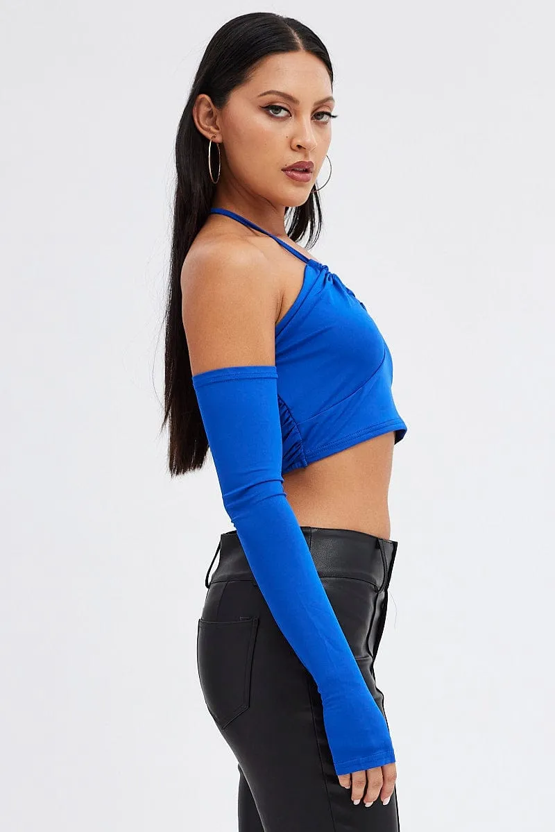 Blue Halter Top Long Sleeve Crop Top