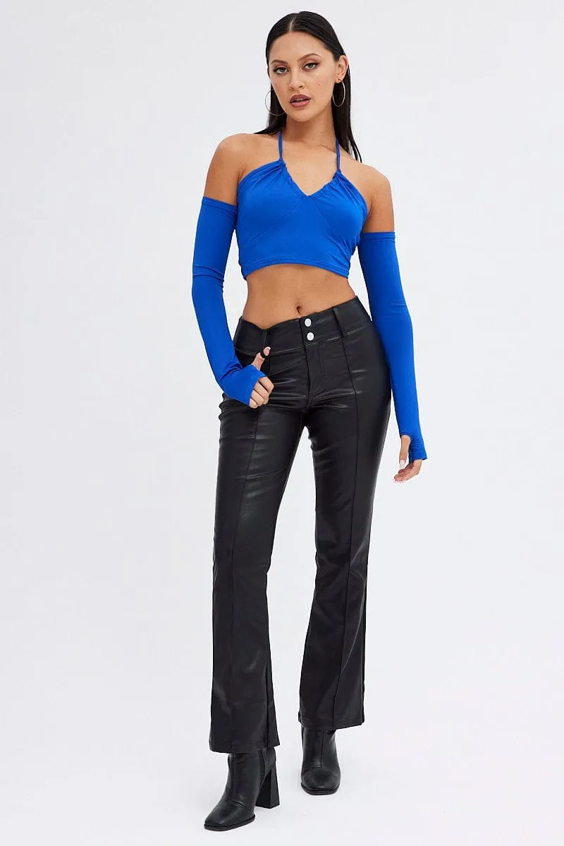 Blue Halter Top Long Sleeve Crop Top