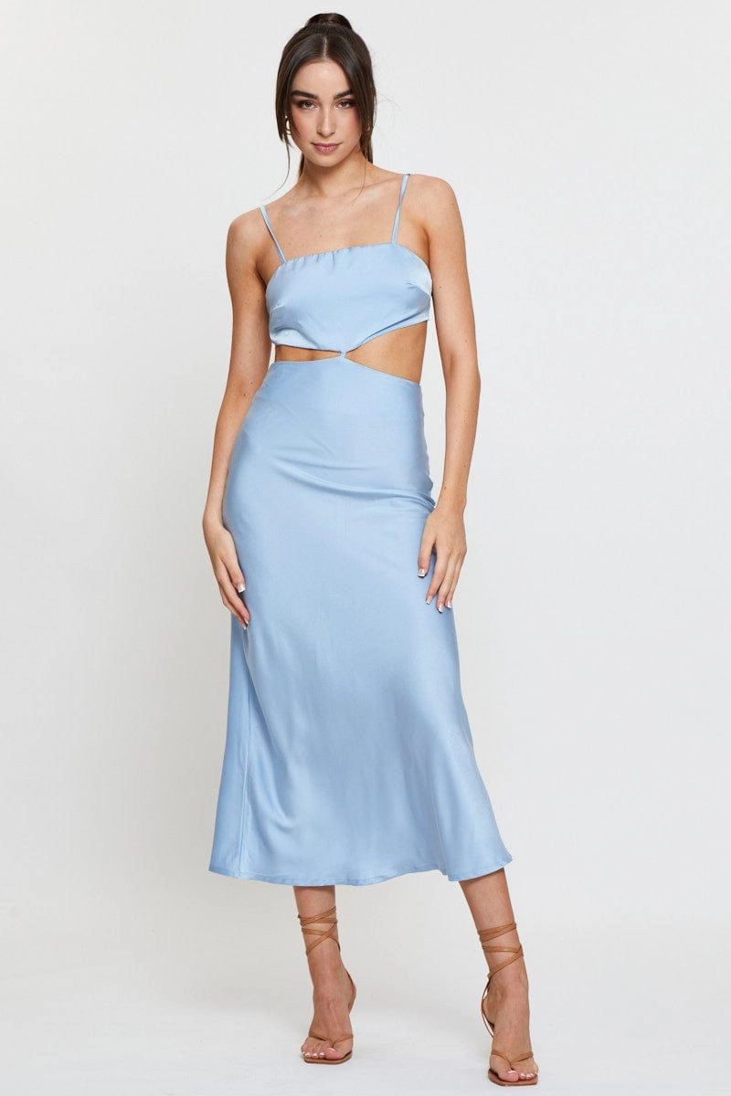 Blue Midi Dress Satin