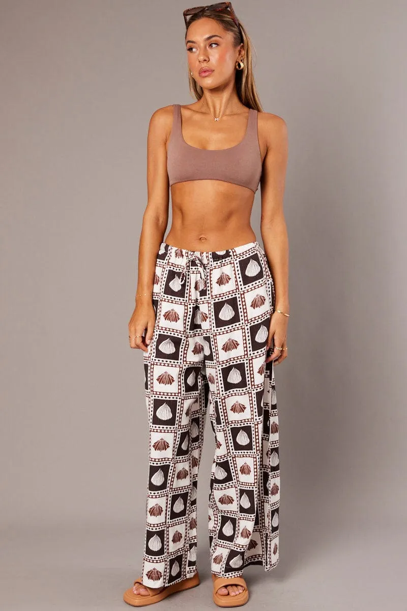 Brown Abstract Wide Leg Pants High Rise