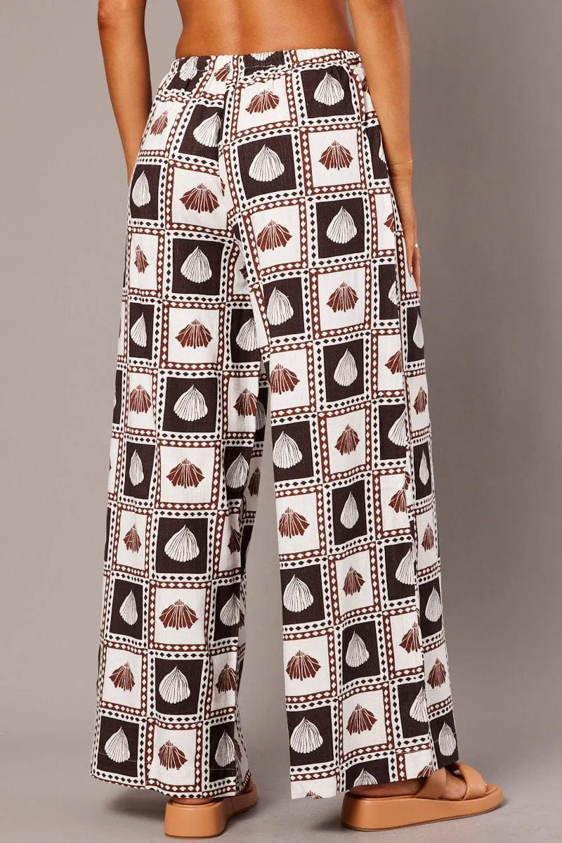 Brown Abstract Wide Leg Pants High Rise