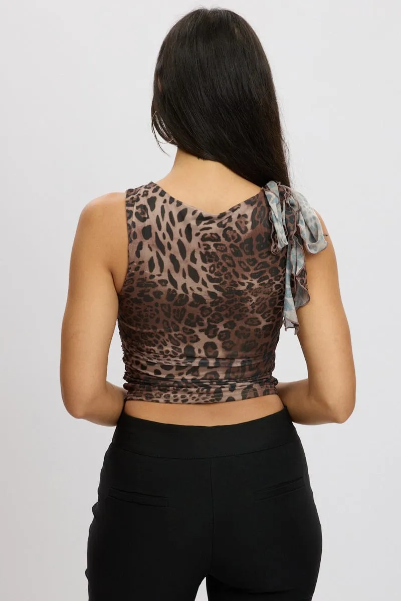 Brown Animal Print Ruffle Top Mesh