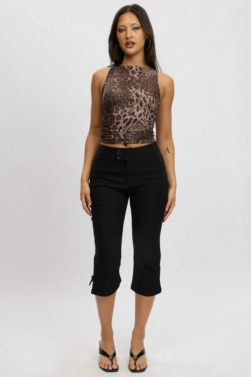 Brown Animal Print Ruffle Top Mesh