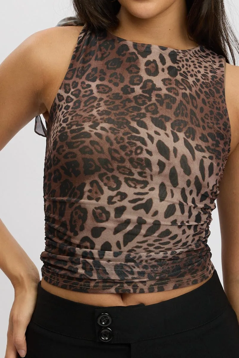 Brown Animal Print Ruffle Top Mesh