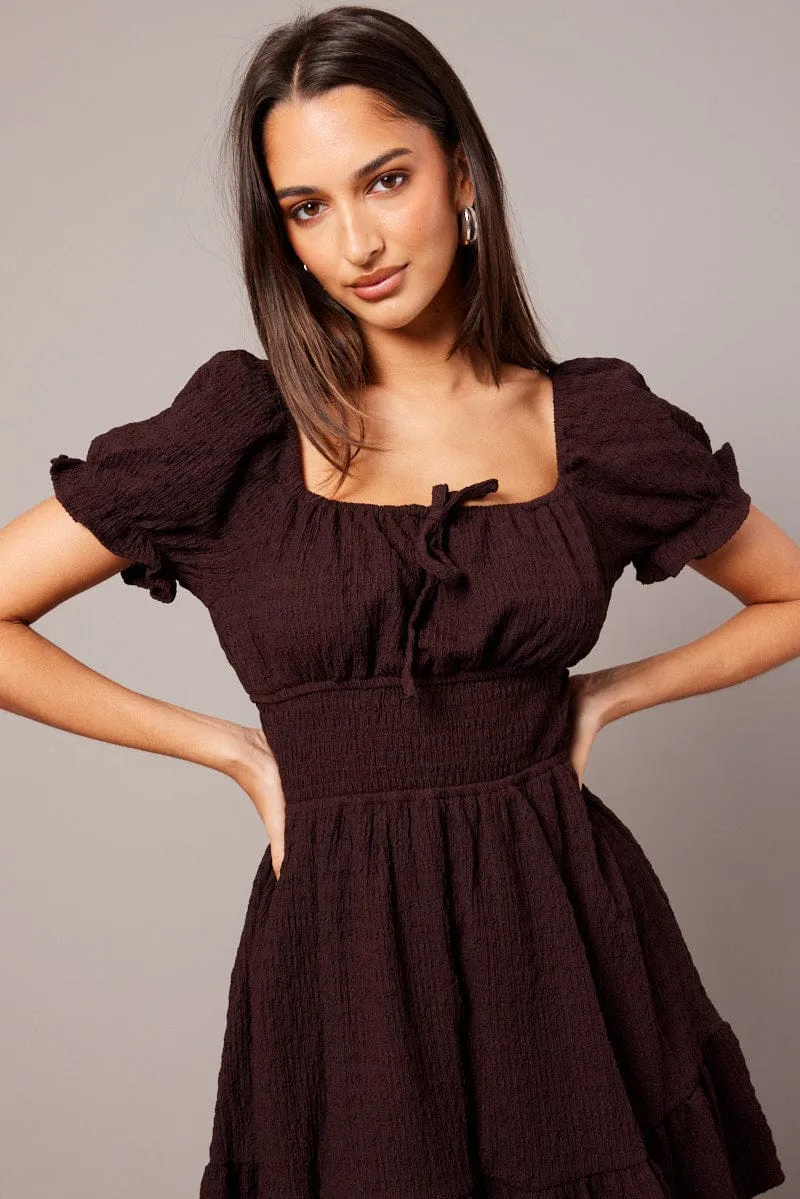 Brown Fit And Flare Dress Puff Sleeve Textured fabric