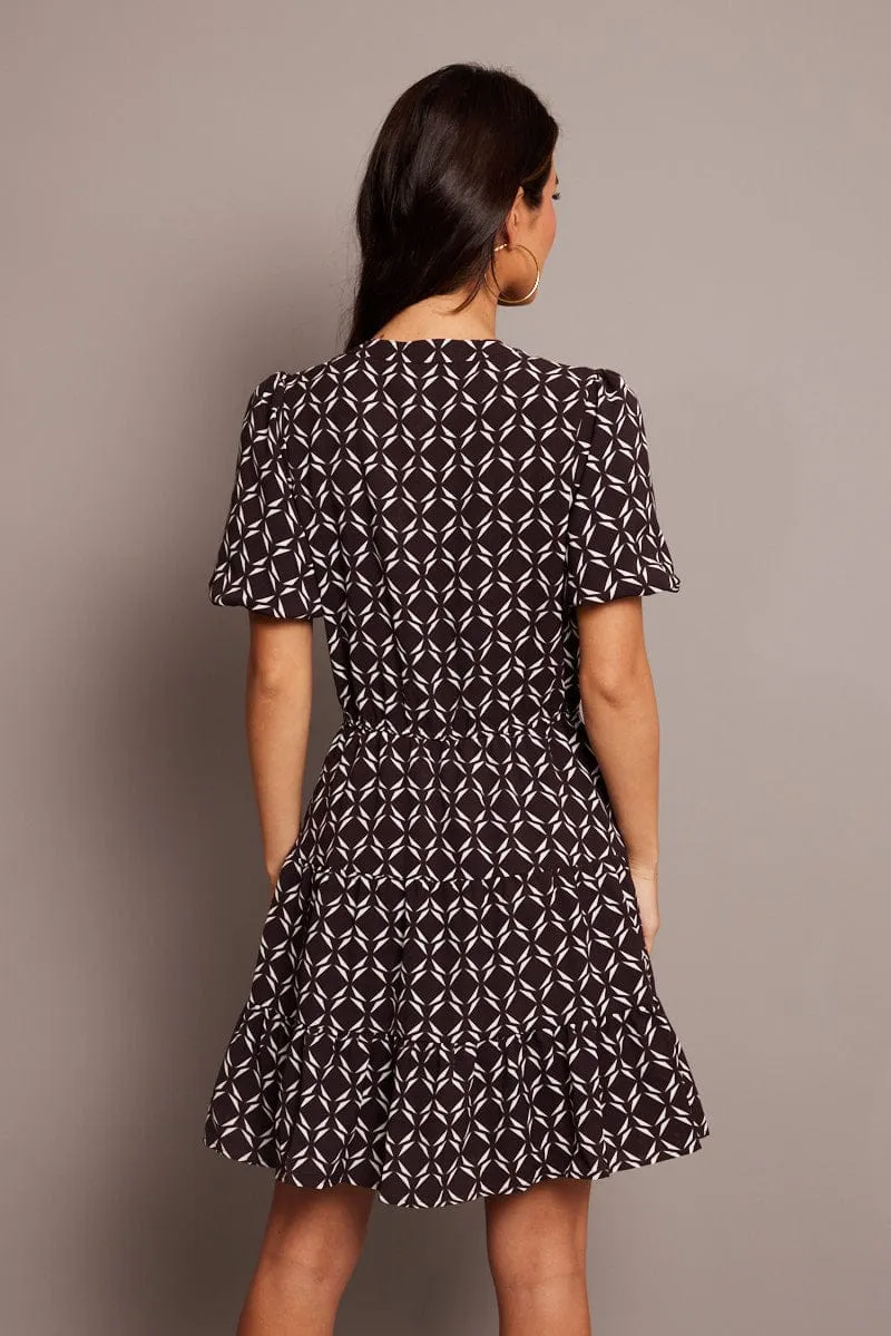 Brown Geo Fit And Flare Dress Puff Sleeve Mini