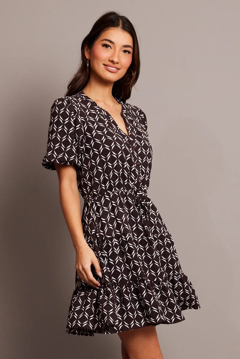 Brown Geo Fit And Flare Dress Puff Sleeve Mini