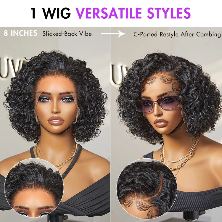 Brown Highlight / Jet Black Short Cut Slicked Back Curly Ear-to-ear Wide T Lace Wig