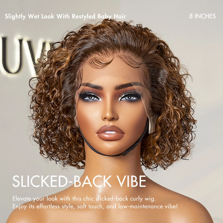 Brown Highlight / Jet Black Short Cut Slicked Back Curly Ear-to-ear Wide T Lace Wig