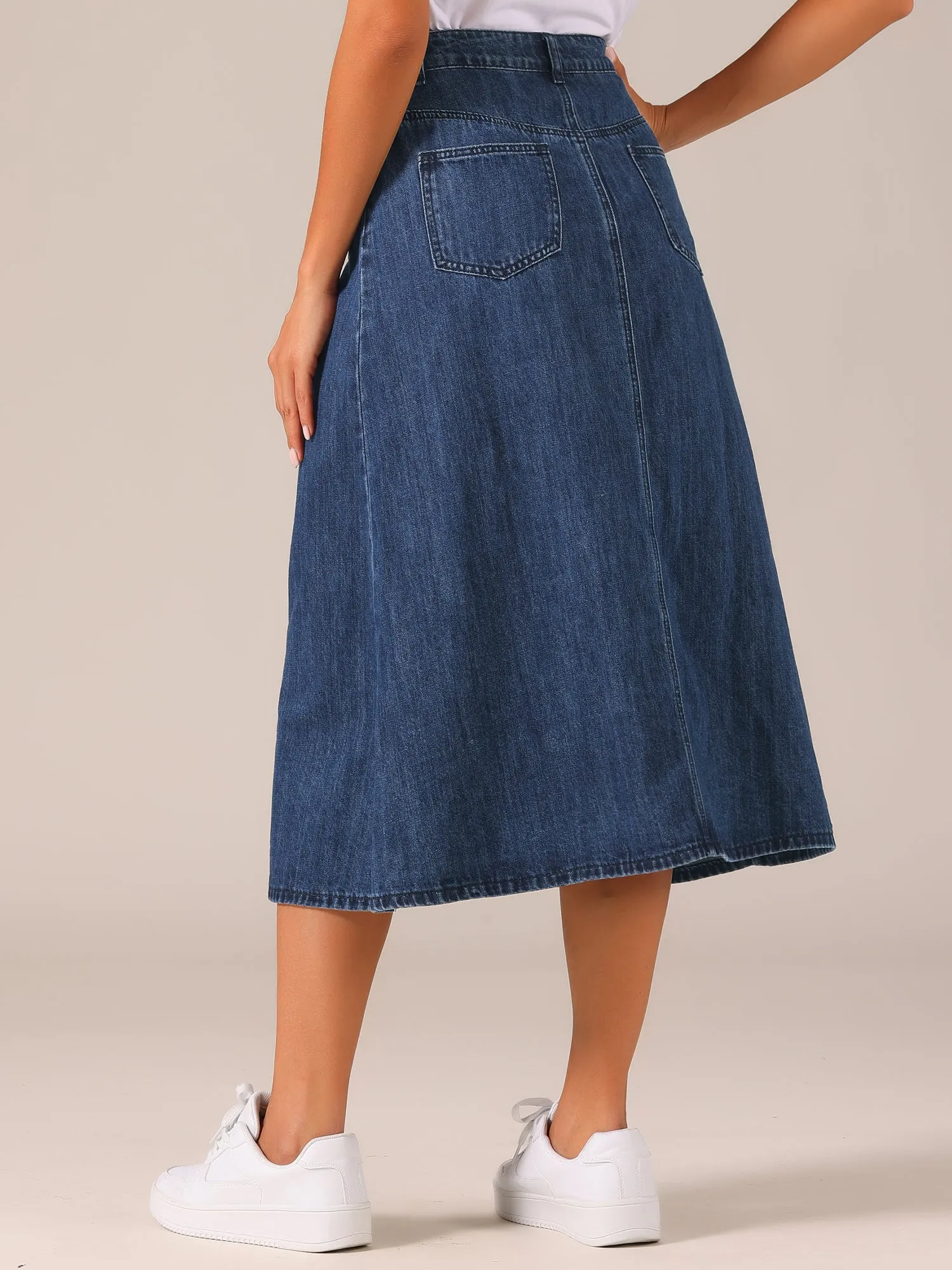 Casual High Waisted Flap Pocket A-Line Long Denim Jean Skirt