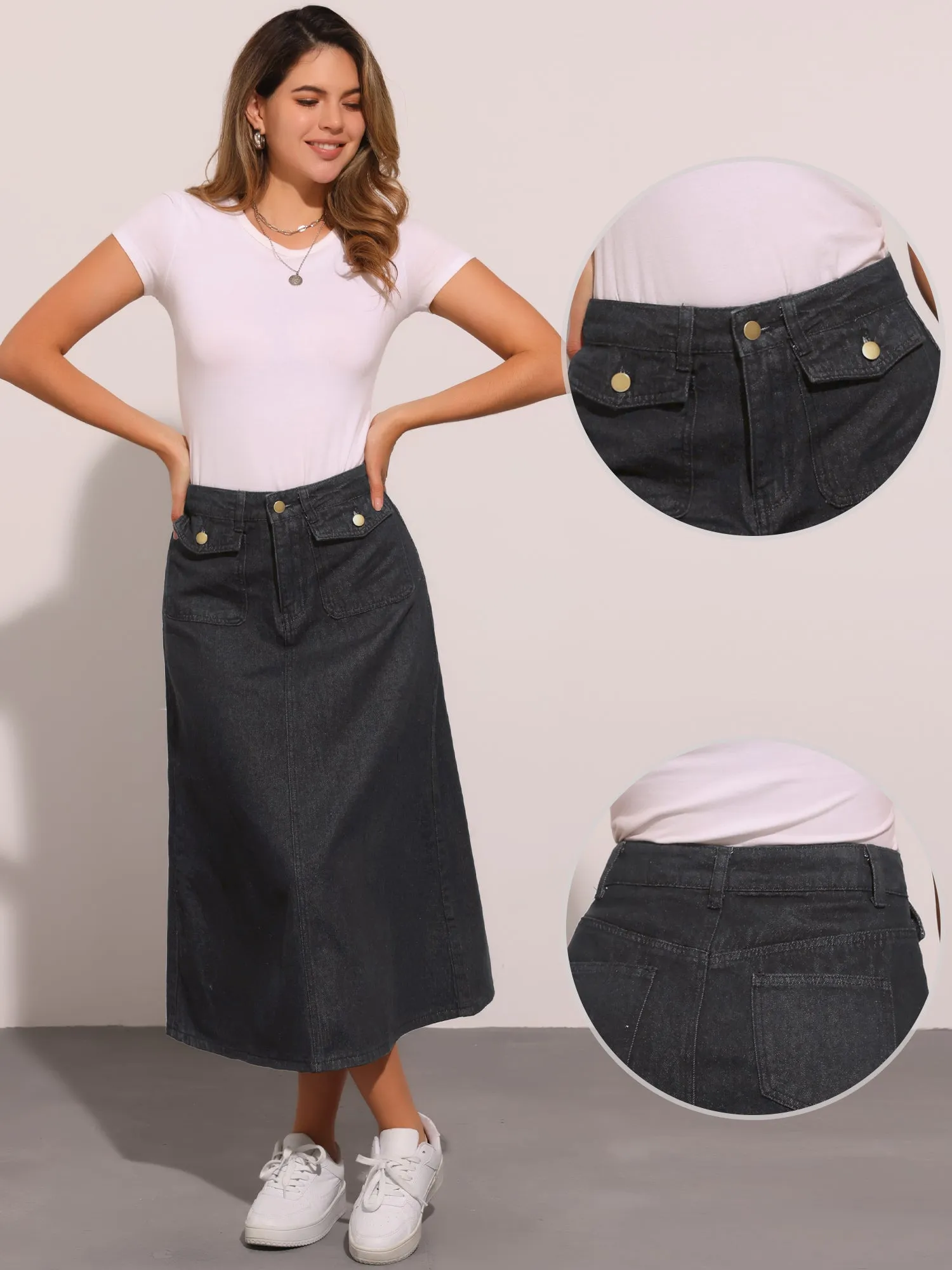 Casual High Waisted Flap Pocket A-Line Long Denim Jean Skirt