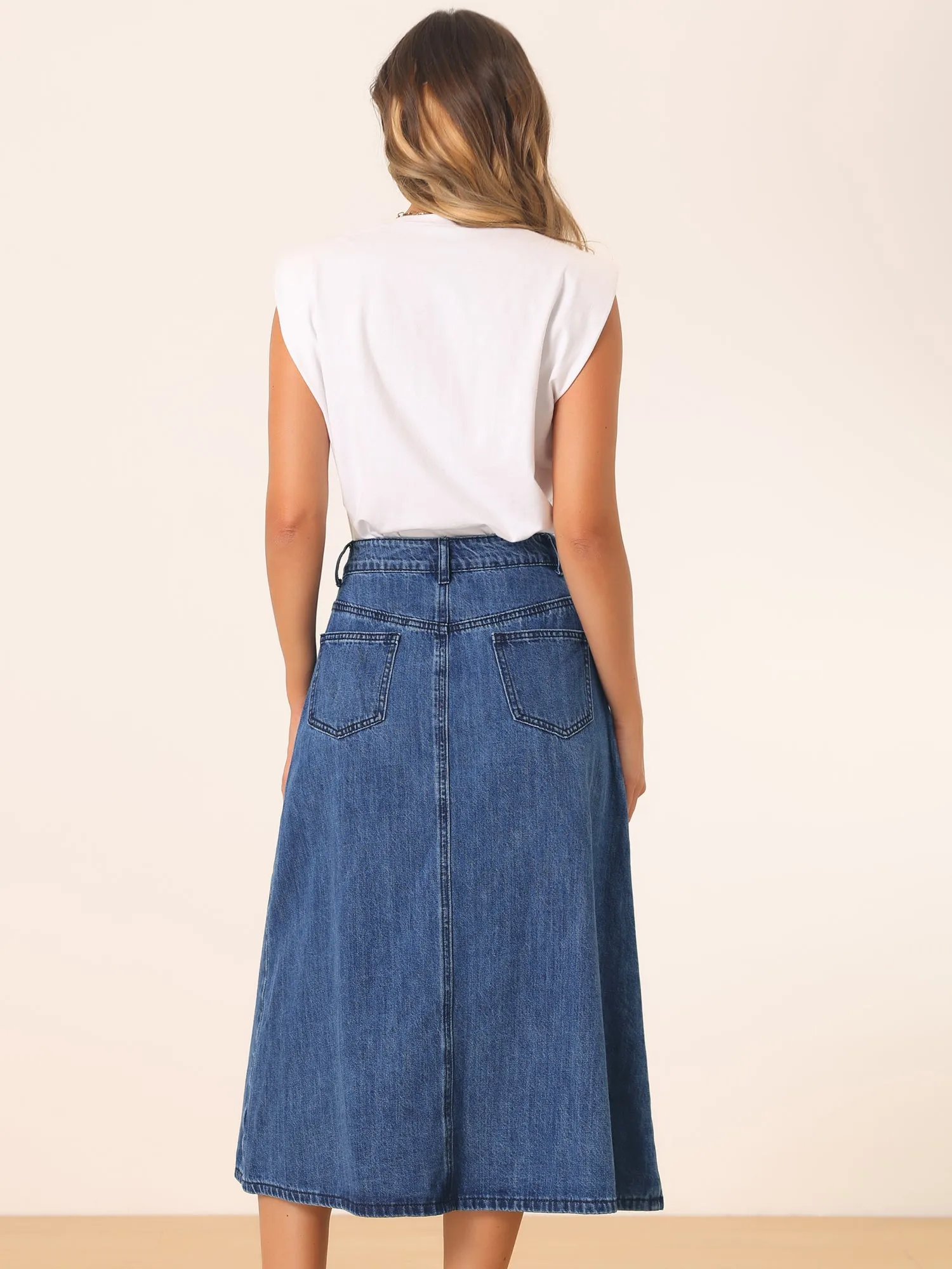 Casual High Waisted Flap Pocket A-Line Long Denim Jean Skirt