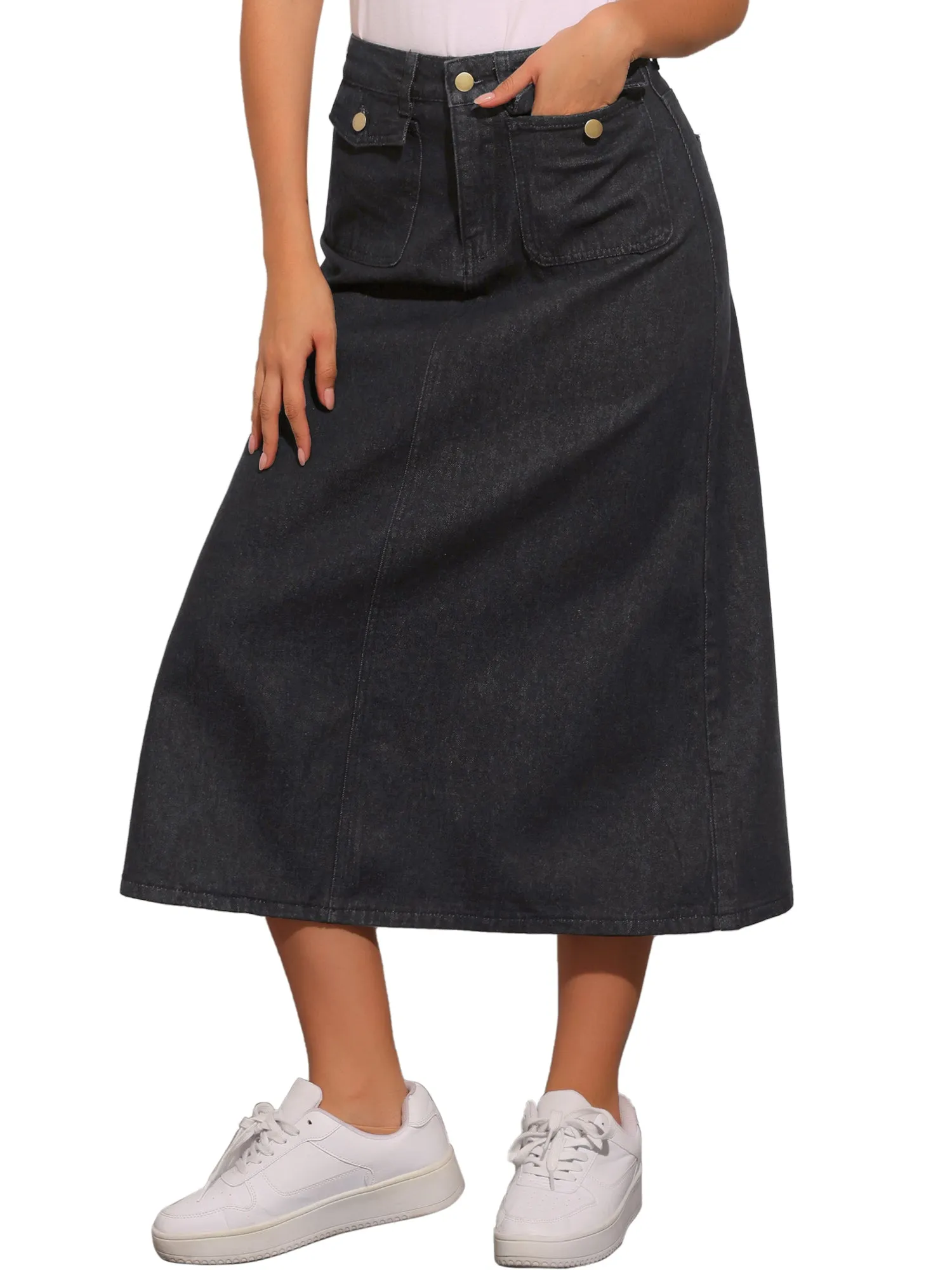 Casual High Waisted Flap Pocket A-Line Long Denim Jean Skirt