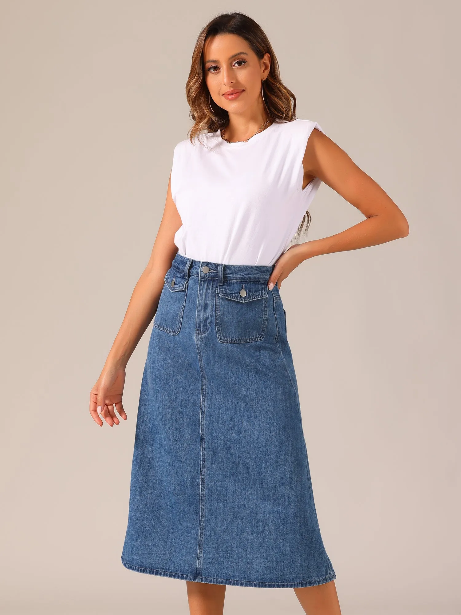 Casual High Waisted Flap Pocket A-Line Long Denim Jean Skirt