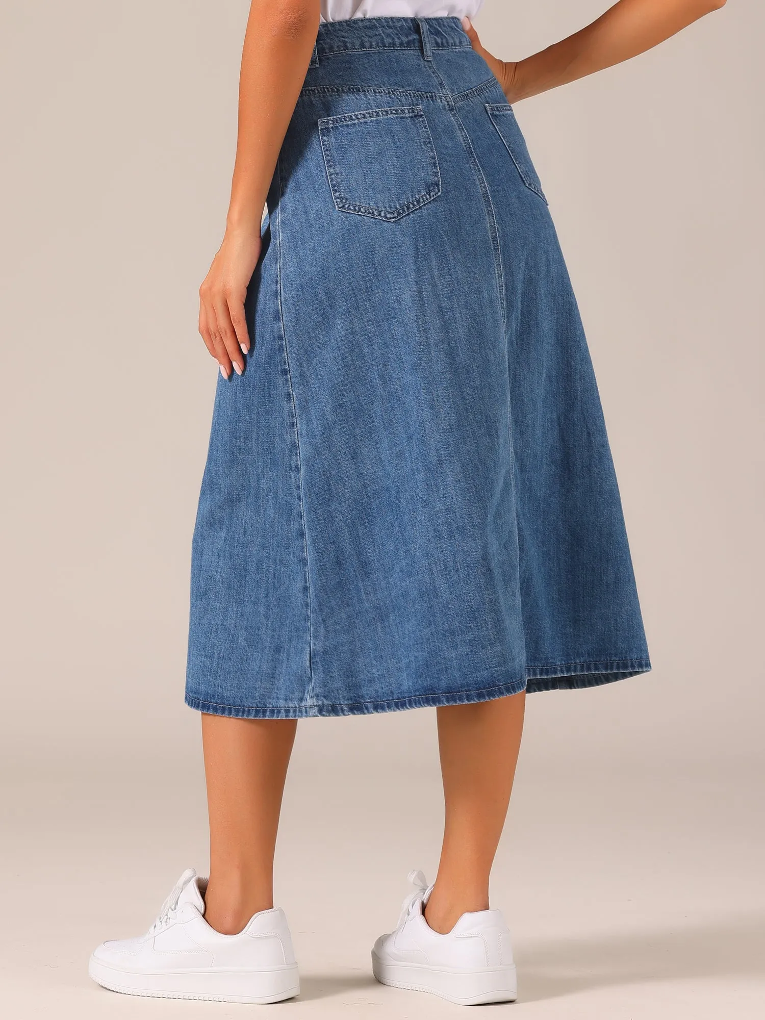 Casual High Waisted Flap Pocket A-Line Long Denim Jean Skirt