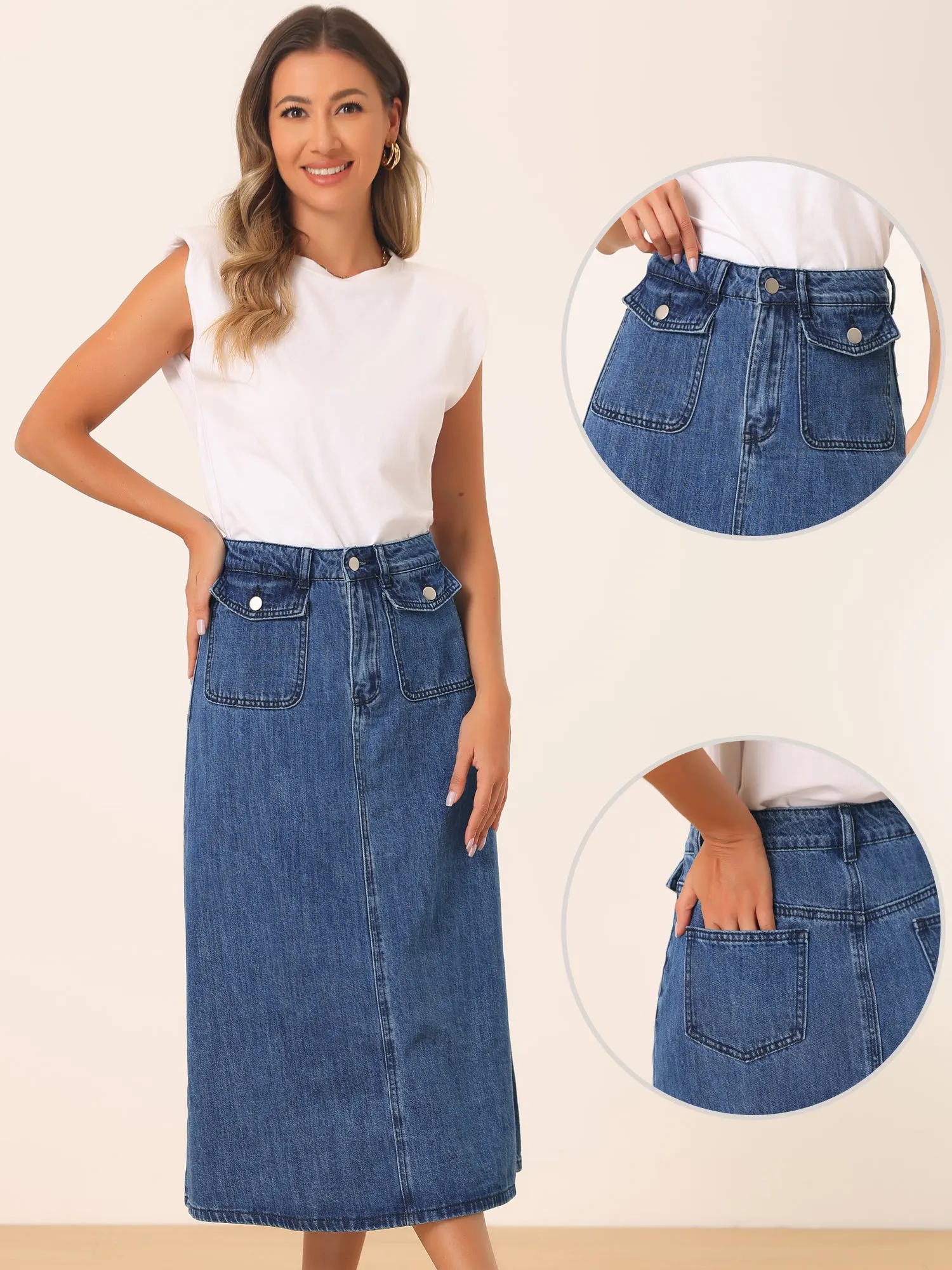 Casual High Waisted Flap Pocket A-Line Long Denim Jean Skirt