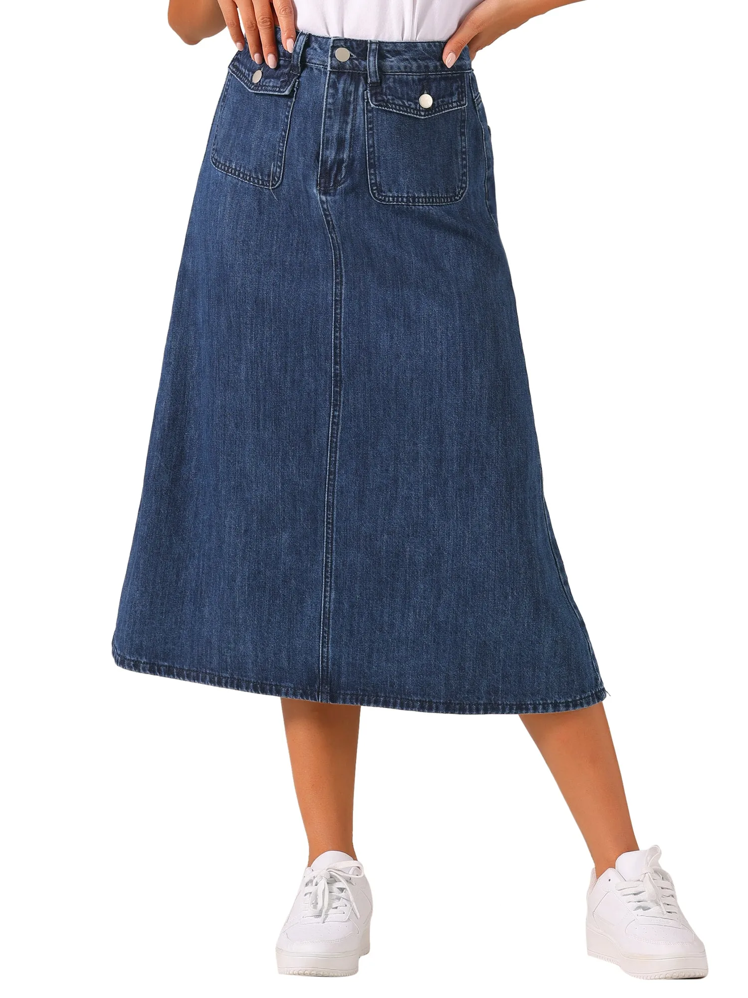 Casual High Waisted Flap Pocket A-Line Long Denim Jean Skirt