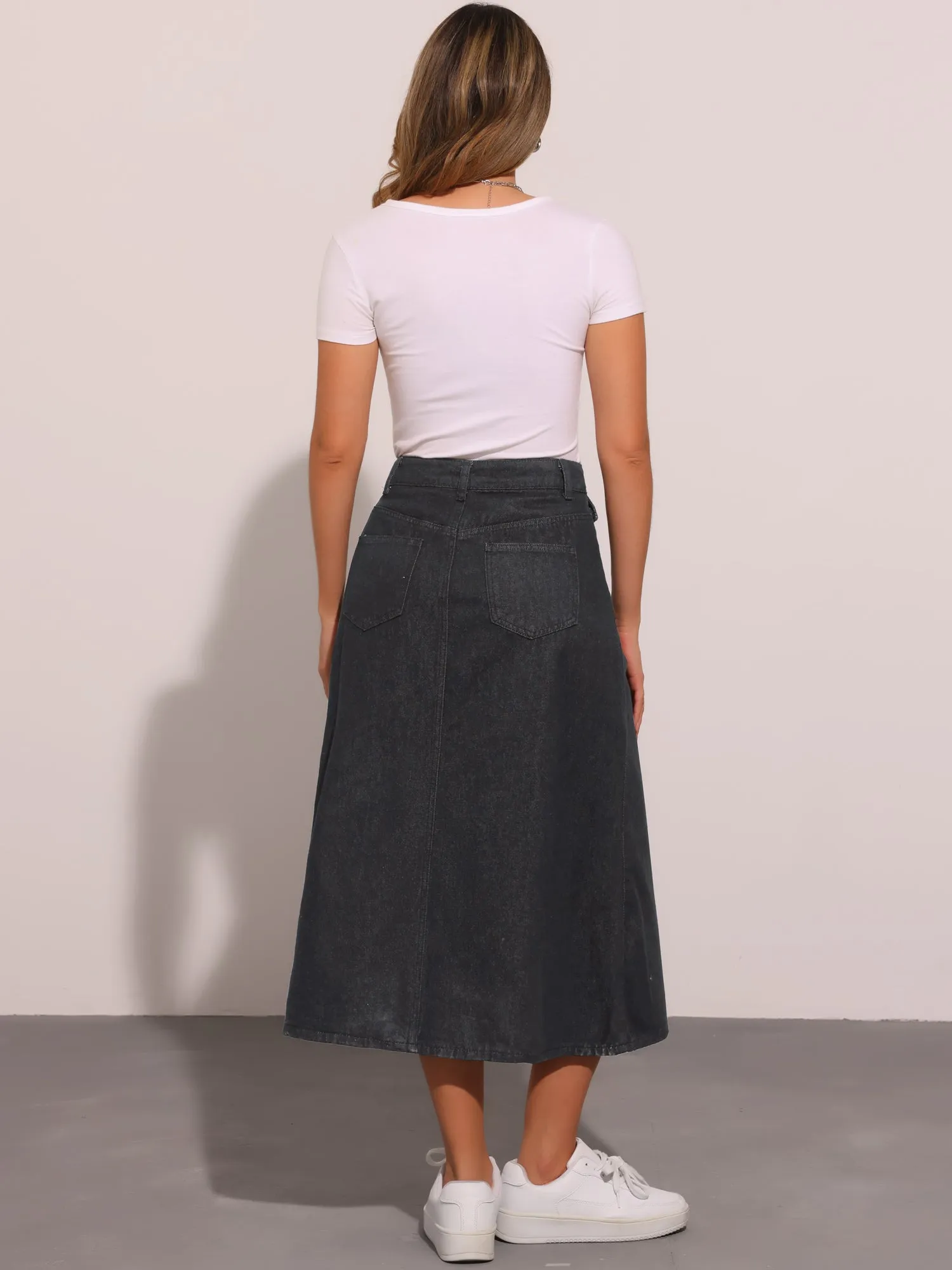 Casual High Waisted Flap Pocket A-Line Long Denim Jean Skirt