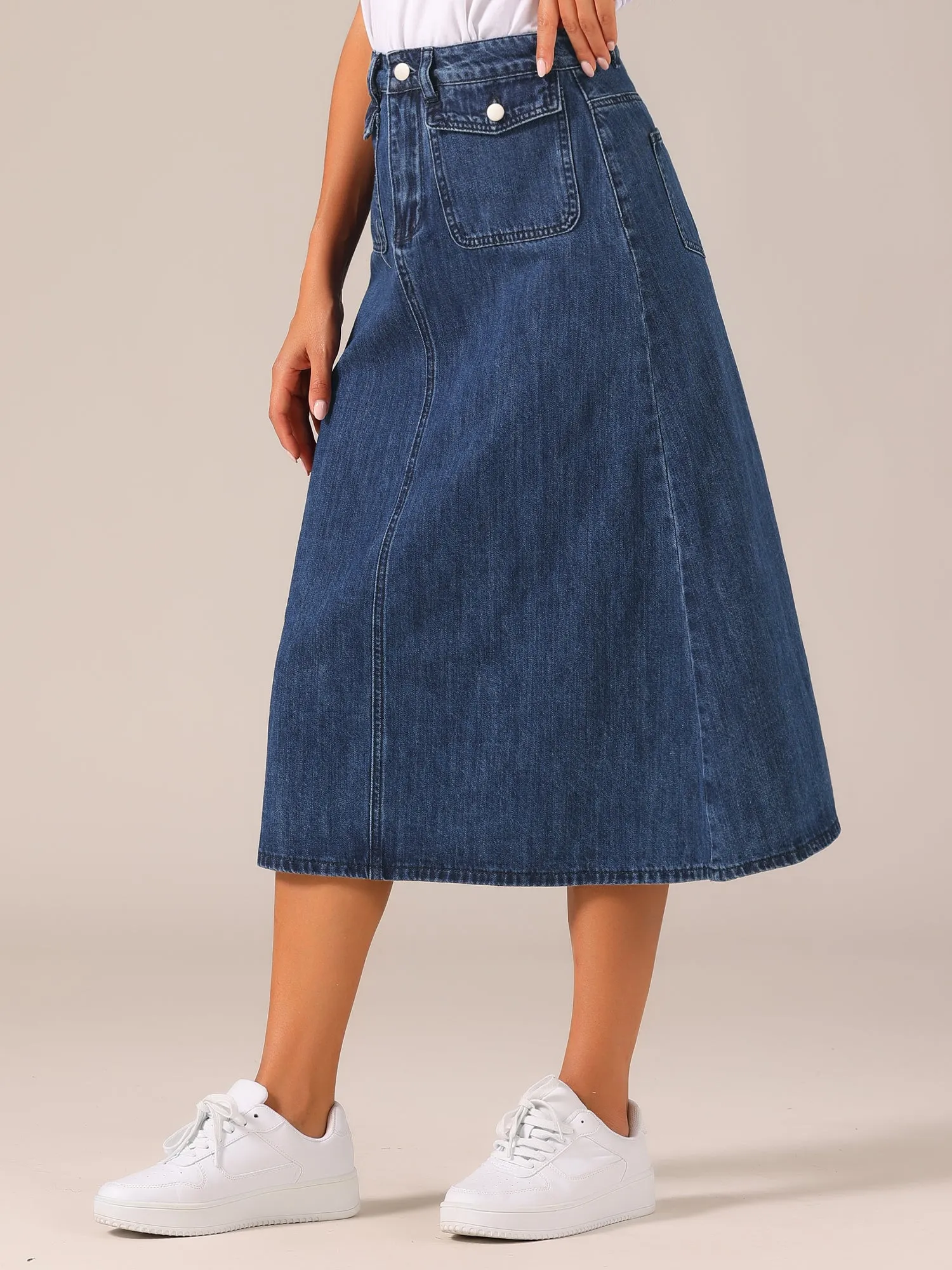 Casual High Waisted Flap Pocket A-Line Long Denim Jean Skirt