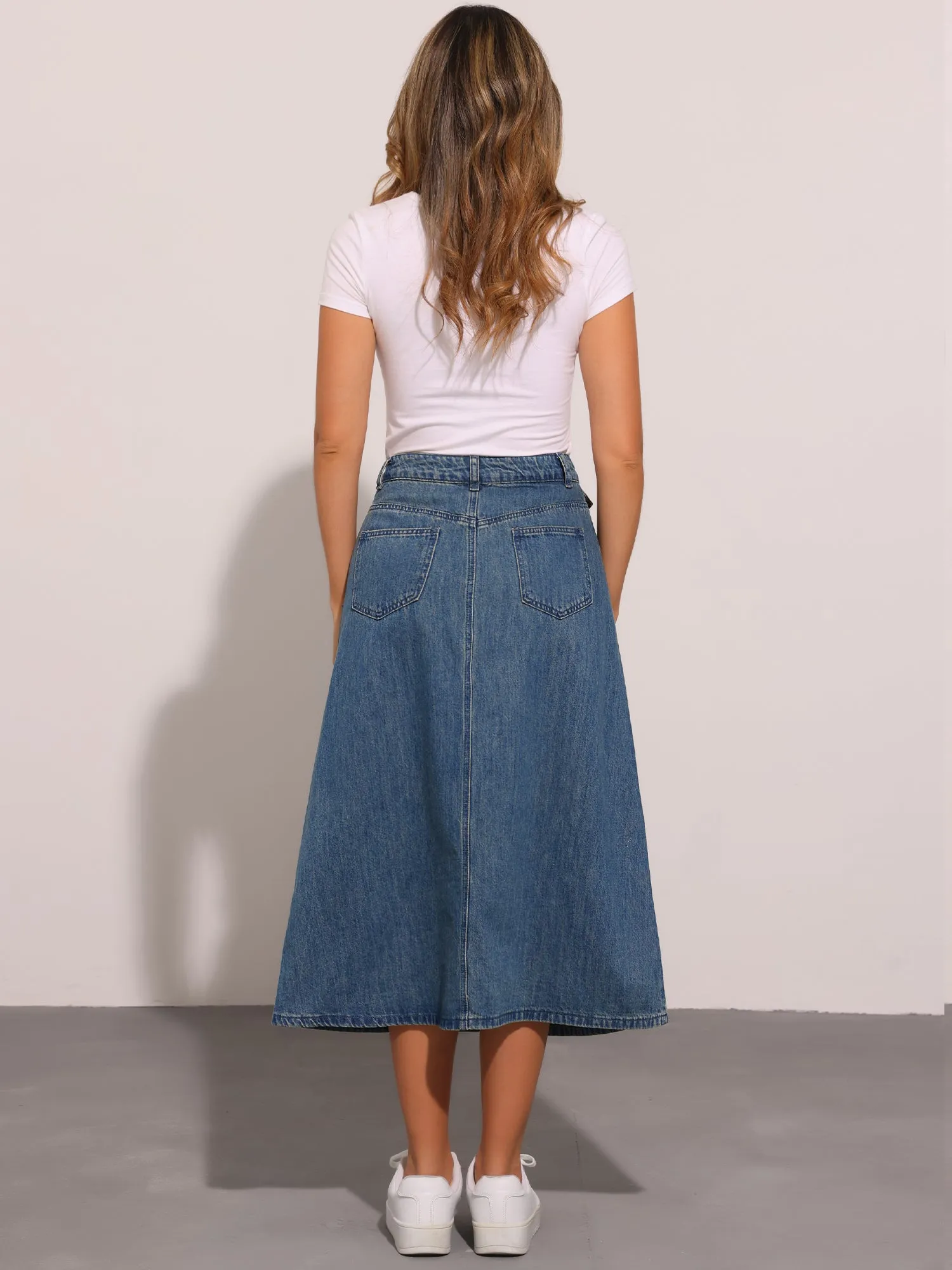 Casual High Waisted Flap Pocket A-Line Long Denim Jean Skirt
