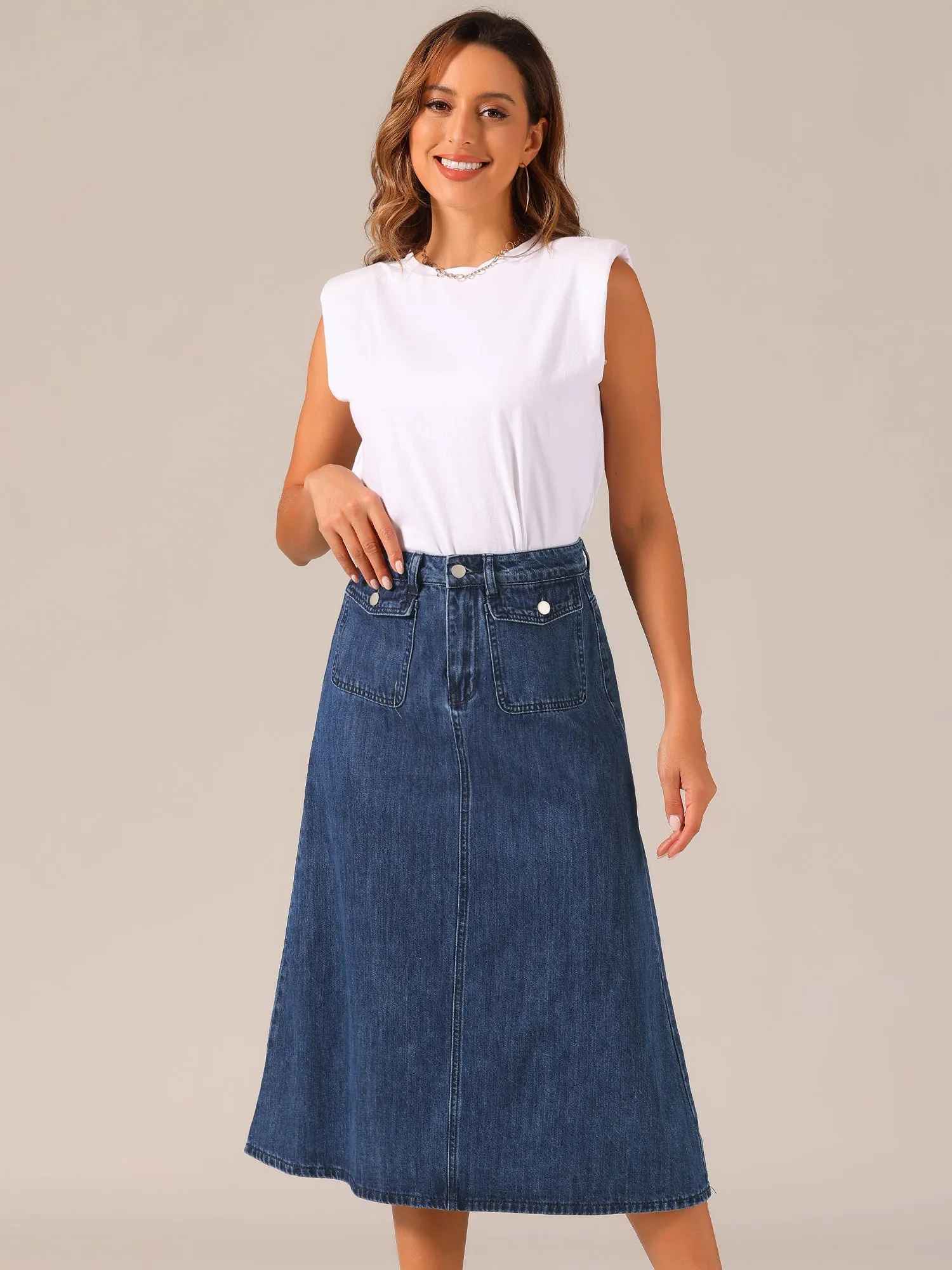 Casual High Waisted Flap Pocket A-Line Long Denim Jean Skirt