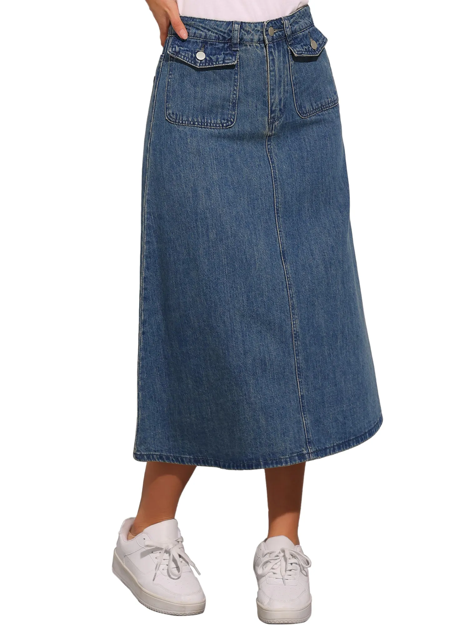 Casual High Waisted Flap Pocket A-Line Long Denim Jean Skirt