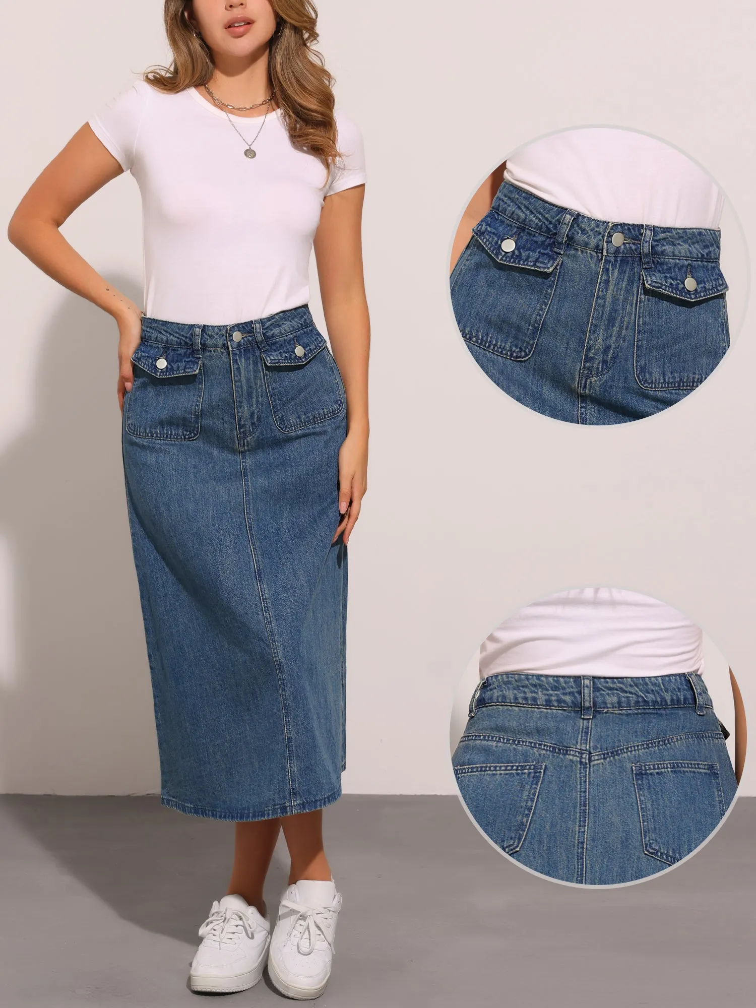 Casual High Waisted Flap Pocket A-Line Long Denim Jean Skirt