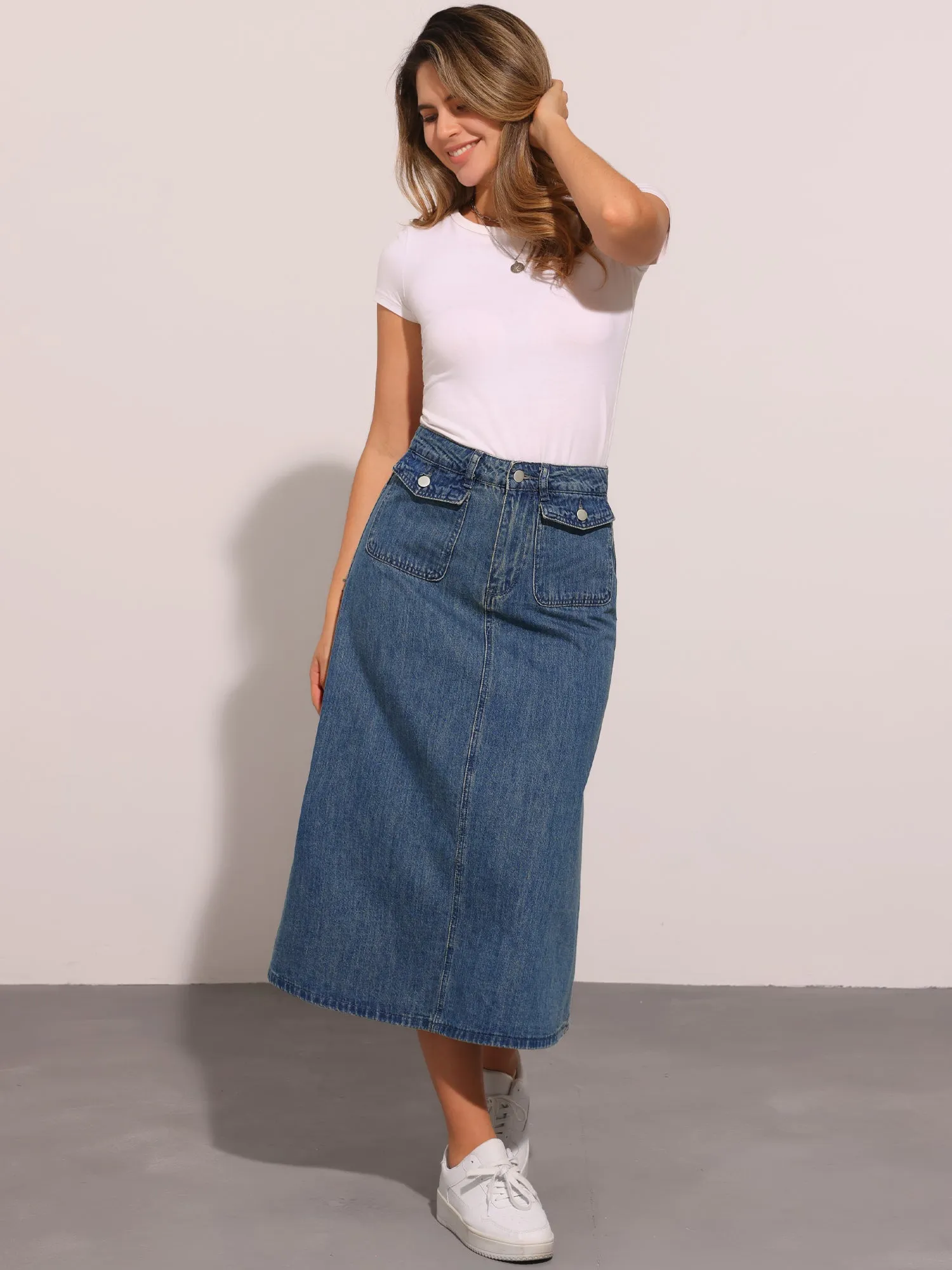 Casual High Waisted Flap Pocket A-Line Long Denim Jean Skirt